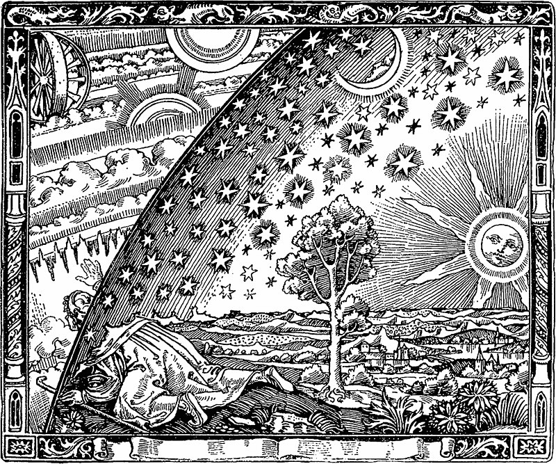 The Flammarion engraving, Artist Unknown, found in Camille Flammarion's L'atmosphère: météorologie populaire (1888) The caption that accompanies the engraving in Flammarion's book reads: 'A missionary of the Middle Ages tells that he had found the point where the sky and the Earth touch...'